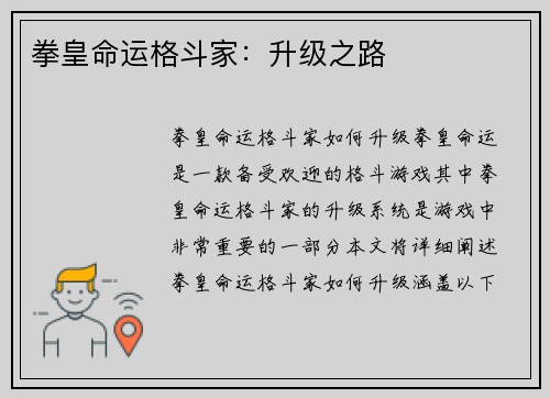 拳皇命运格斗家：升级之路